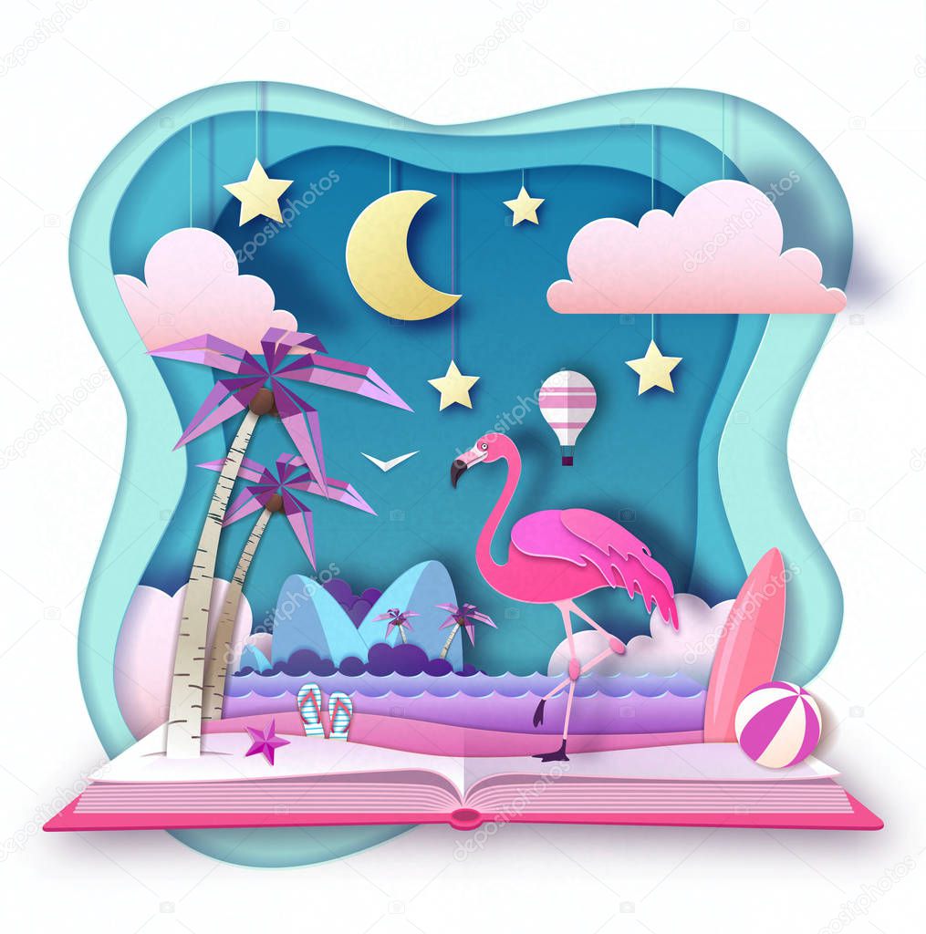 Open fairy tale book with flamingo and tropic beach landscape. Cut out paper art style design