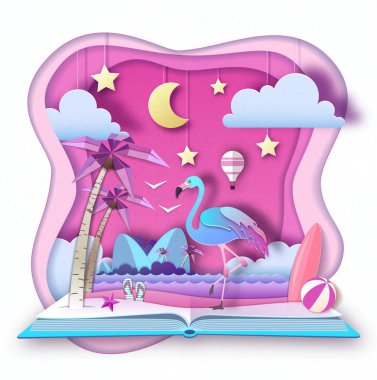 Flamingo ve Tropic plaj peyzaj ile açık peri masalı kitap. Kağıt sanat tarzı tasarım kes