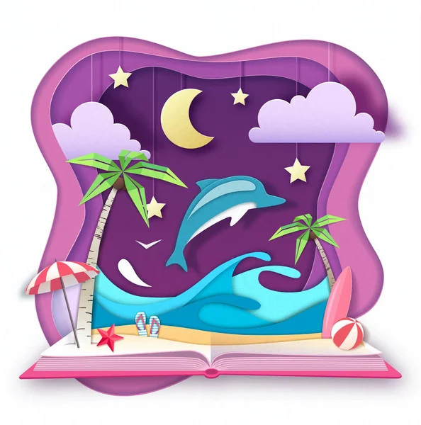 Libro abierto de cuentos de hadas con delfines y paisajes tropicales de playa. Cortar diseño de estilo de arte de papel — Vector de stock
