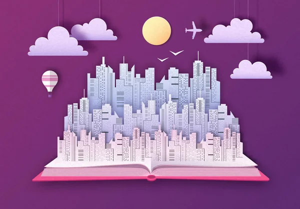 Open fairy tale book with urban city landscape. Cut out paper art style design