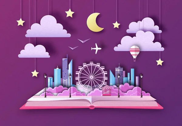 开放童话书与城市风景和摩天轮。剪掉纸艺风格设计 — 图库矢量图片