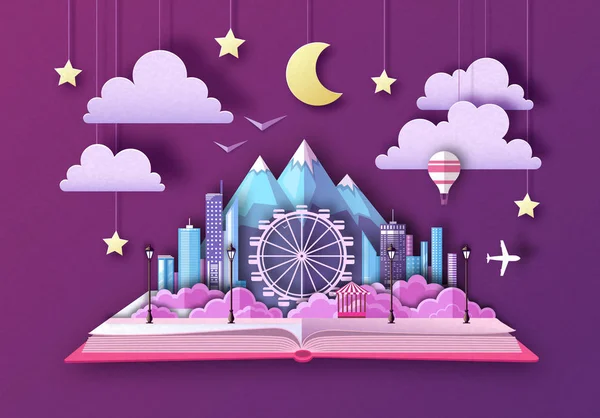 Livro de conto de fadas aberto com paisagem da cidade, roda gigante e montanhas. Corte design de estilo de arte de papel — Vetor de Stock