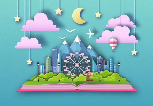 Open fairy tale book with city landscape, ferris wheel and mountains. Cut out paper art style design — Stock Vector