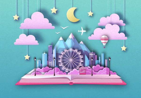 开放童话书与城市风景, 摩天轮和山。剪掉纸艺风格设计 — 图库矢量图片