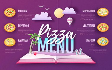 Pizza menü tasarımı. Kağıt sanat tarzı tasarım kesip. Origami