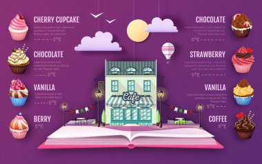 Tatlı cupcake menü tasarımı. Kağıt sanat tarzı tasarım kesip. Origami