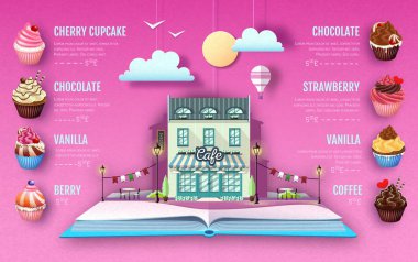 Tatlı cupcake menü tasarımı. Kağıt sanat tarzı tasarım kesip. Origami