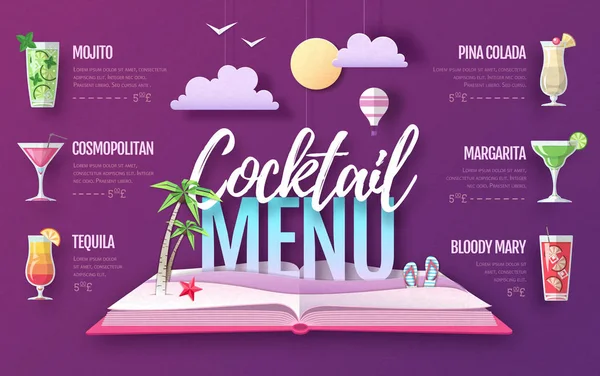 Conception de menu de cocktail. Découpez la conception de style art papier . — Image vectorielle