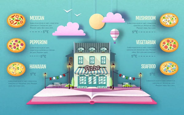 Design de menu de pizza. Corte design de estilo de arte de papel . — Vetor de Stock