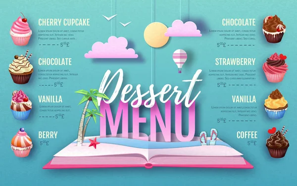Projeto de menu de sobremesa cupcake. Corte o design de estilo de arte de papel. Origami — Vetor de Stock