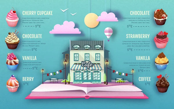 Projeto de menu de sobremesa cupcake. Corte o design de estilo de arte de papel. Origami —  Vetores de Stock