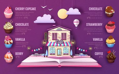 Tatlı cupcake menü tasarımı. Kağıt sanat tarzı tasarım kesip. Origami