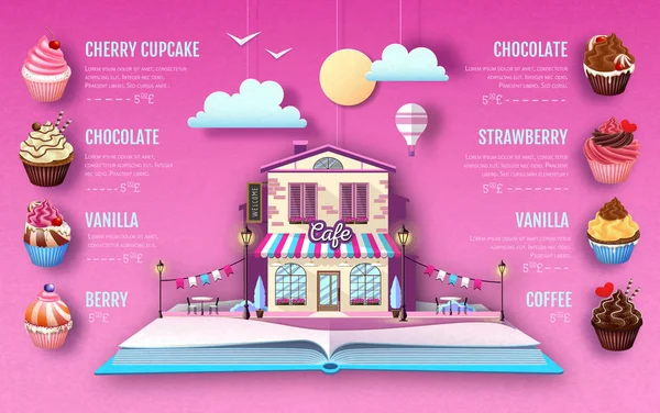 Projeto de menu de sobremesa cupcake. Corte o design de estilo de arte de papel. Origami — Vetor de Stock