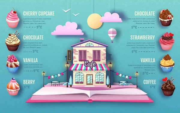 Projeto de menu de sobremesa cupcake. Corte o design de estilo de arte de papel. Origami — Vetor de Stock