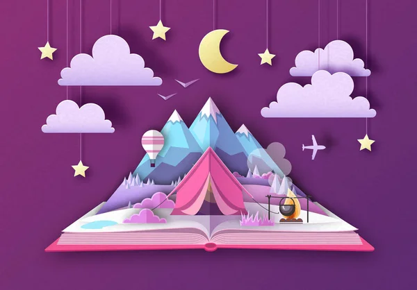 Open sprookjesboek met bergen landschap en kamperen. Uitgesneden papier kunststijl ontwerp — Stockvector
