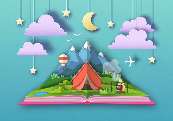 Livro de conto de fadas aberto com montanhas paisagem e camping. Corte design de estilo de arte de papel —  Vetores de Stock