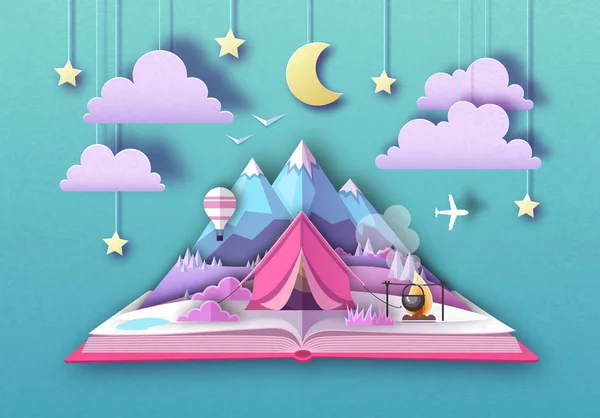 Open sprookjesboek met bergen landschap en kamperen. Uitgesneden papier kunststijl ontwerp — Stockvector