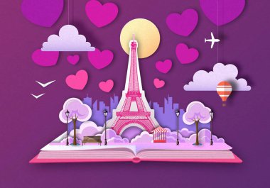 Paris şehir manzara ve Eyfel Kulesi ile açık masal kitabı. Kağıt sanatı tarzı tasarımı nı kesin