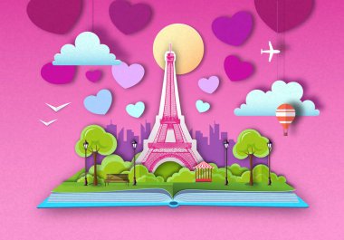 Paris şehir manzara ve Eyfel Kulesi ile açık masal kitabı. Kağıt sanatı tarzı tasarımı nı kesin
