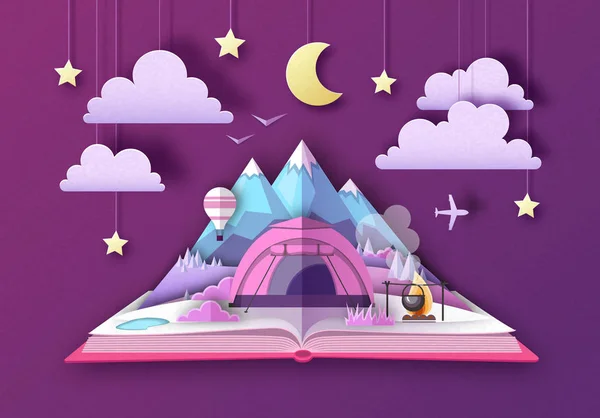 Open fairy tale book with Mountains landscape and camping. Cut out paper art style design — Stock Vector
