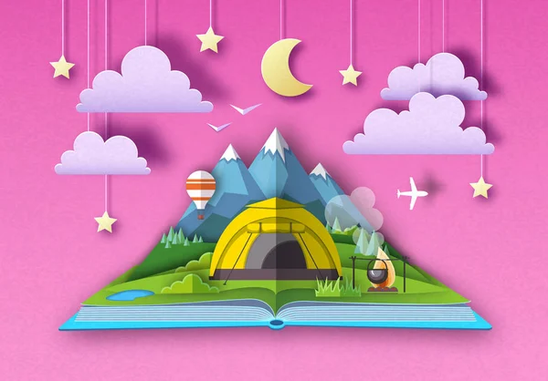 Libro abierto de cuentos de hadas con paisajes montañosos y camping. Cortar diseño de estilo de arte de papel — Vector de stock