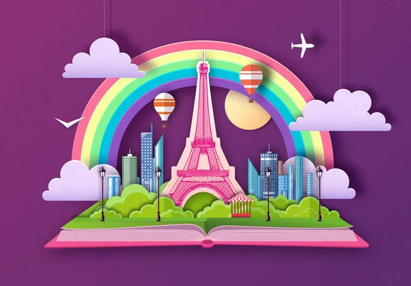 Open fairy tale book with city landscape and Eiffel Tower. Cut out paper art style design — Stock Vector