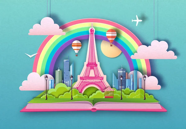 Open fairy tale book with city landscape and Eiffel Tower. Cut out paper art style design — Stock Vector