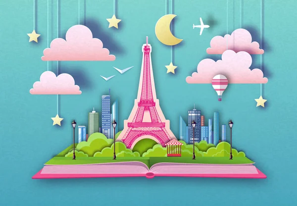 Open fairy tale book with city landscape and Eiffel Tower. Cut out paper art style design — Stock Vector