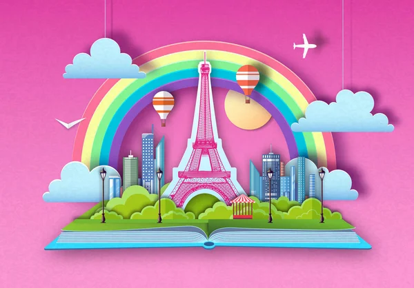 Open fairy tale book with city landscape and Eiffel Tower. Cut out paper art style design — Stock Vector