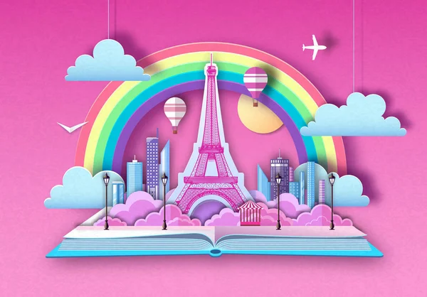Abrir livro de contos de fadas com paisagem da cidade e Torre Eiffel. Corte design de estilo de arte de papel — Vetor de Stock