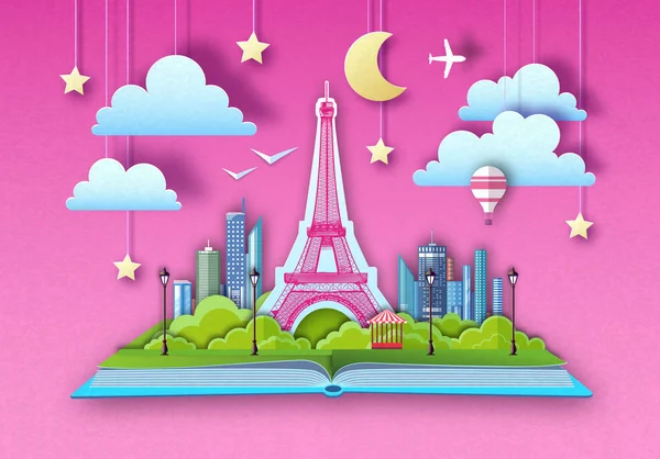 Open fairy tale book with city landscape and Eiffel Tower. Cut out paper art style design — Stock Vector