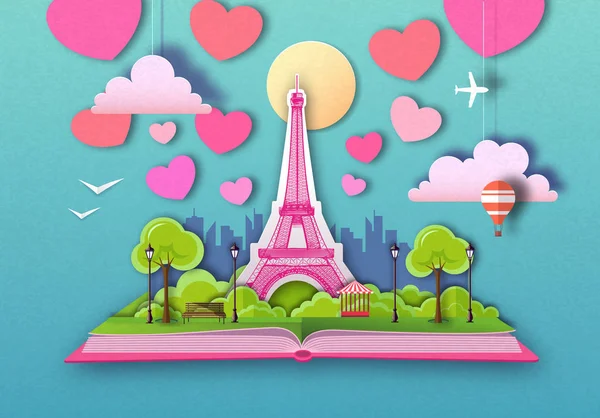 Open fairy tale book with Paris city landscape and Eiffel Tower. Cut out paper art style design — Stock Vector