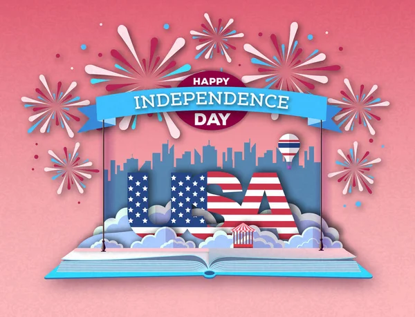 Offenes Märchenbuch mit Stadtlandschaft und Urlaubsfeuerwerk. inependence day.cut out Papier Art Style Design — Stockvektor