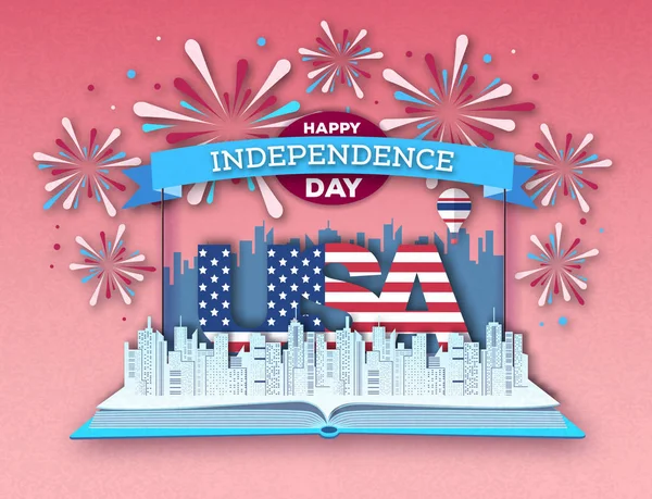 Offenes Märchenbuch mit Stadtlandschaft und Urlaubsfeuerwerk. inependence day.cut out Papier Art Style Design — Stockvektor