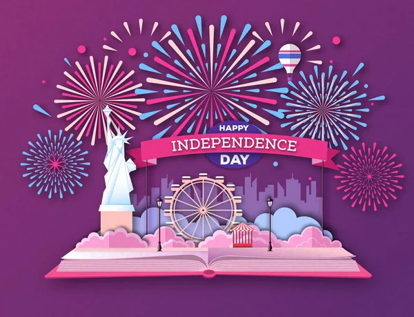 Offenes Märchenbuch mit Stadtlandschaft und Urlaubsfeuerwerk. inependence day.cut out Papier Art Style Design — Stockvektor