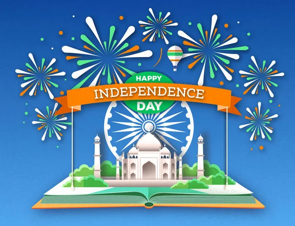 Unabhängigkeitstag Indiens. Offenes Buch mit Taj Mahal und Feiertagsfeuerwerk. ausgeschnittene Papier Art Stil Design — Stockvektor