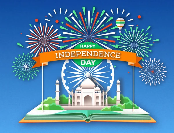 Dia da independência da Índia. Livro aberto com Taj Mahal e fogos de artifício de férias. Corte design de estilo de arte de papel — Vetor de Stock