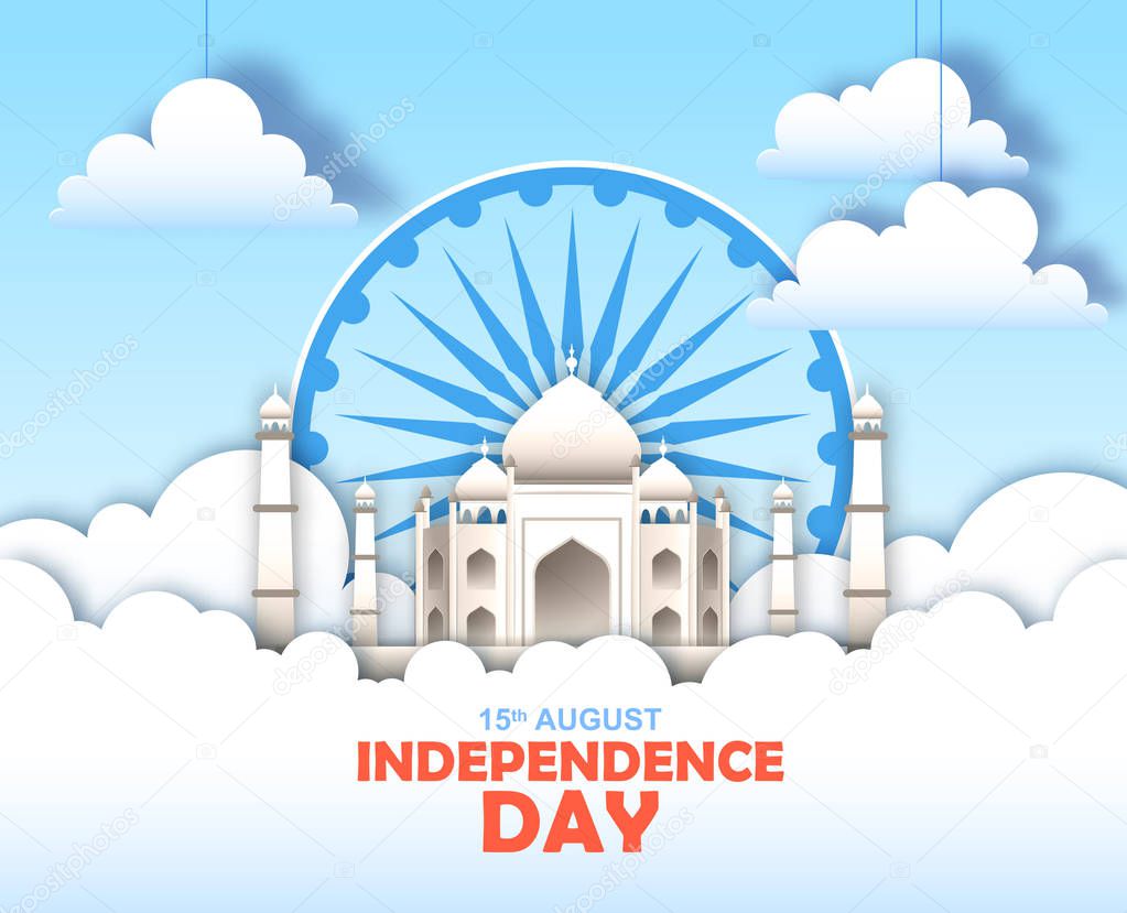 Independence day of India. Taj Mahal in the sky. Cut out paper art style design