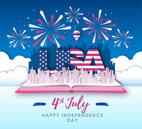 Vector illustration of America Independence day with holiday firework. Cut out paper art style design — Stock Vector