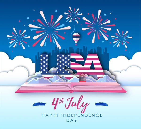 Vector illustration of America Independence day with holiday firework. Cut out paper art style design — Stock Vector