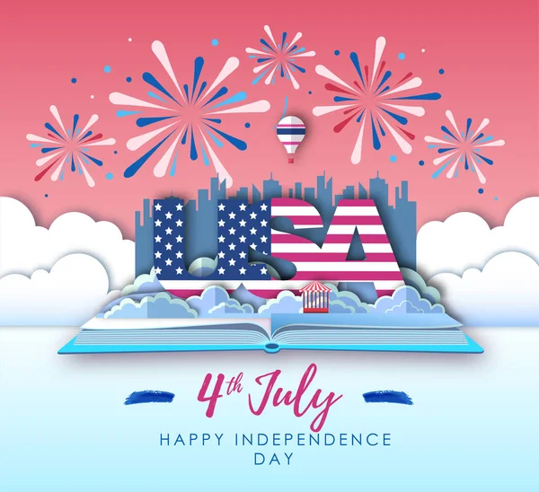 Vektor illustration av Amerika självständighetsdagen med semester fyrverkeri. Klipp ut papper konst stil design — Stock vektor