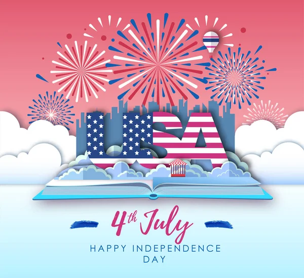 Vektor illustration av Amerika självständighetsdagen med semester fyrverkeri. Klipp ut papper konst stil design — Stock vektor