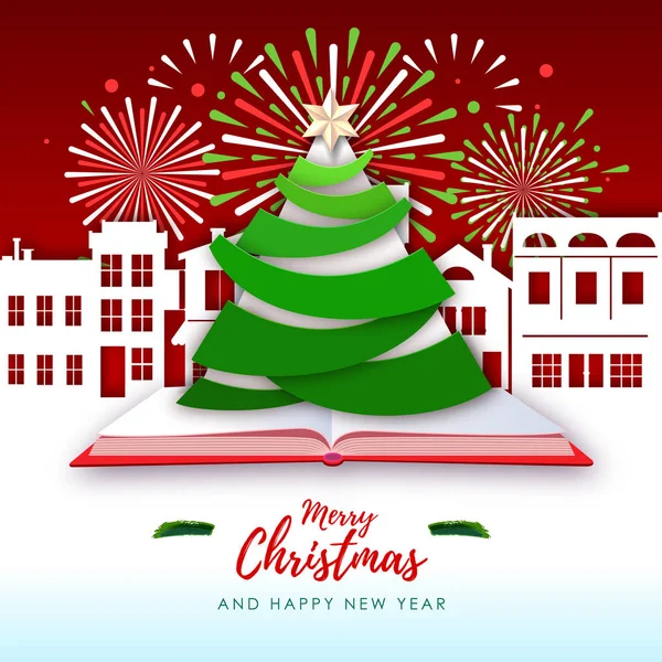 Ilustración vectorial de la tarjeta de felicitación de Feliz Navidad con árbol de Navidad y fuegos artificiales navideños. Origami. Cortar diseño de estilo de arte de papel — Archivo Imágenes Vectoriales