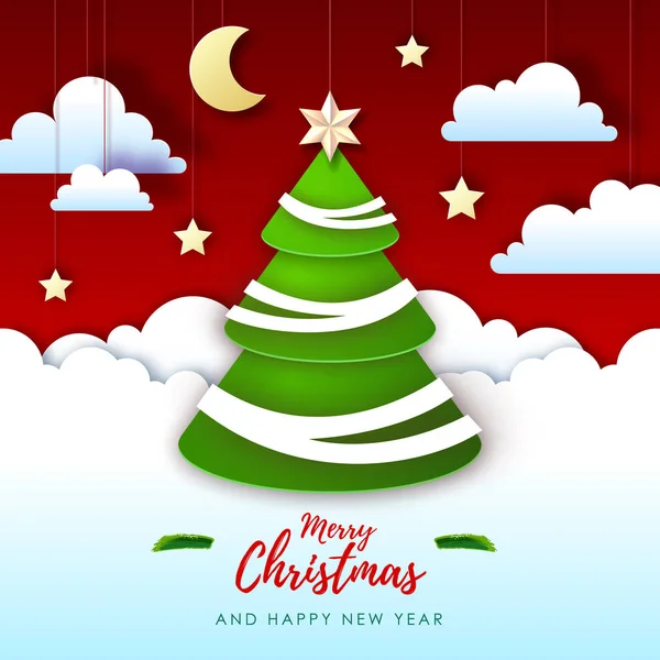 Ilustración vectorial de la tarjeta de felicitación de Feliz Navidad con árbol de Navidad. Origami. Cortar diseño de estilo de arte de papel — Archivo Imágenes Vectoriales