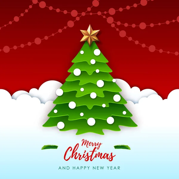 ภาพเวกเตอร์ของการ์ดแสดงความยินดีวันคริสต์มาสสุขสันต์พร้อมต้นคริสต์มาส โอริกามิ ตัดการออกแบบสไตล์ศิลปะกระดาษ — ภาพเวกเตอร์สต็อก