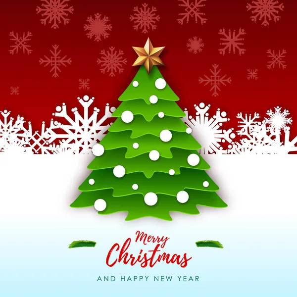 Vector illustration of Merry Christmas greeting card with christmas tree. Origami. Cut out paper art style design — Stock Vector