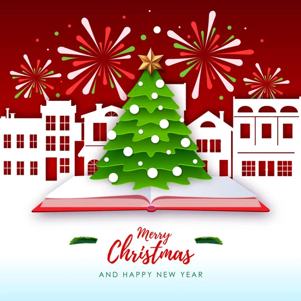Ilustración vectorial de la tarjeta de felicitación de Feliz Navidad con árbol de Navidad y fuegos artificiales navideños. Origami. Cortar diseño de estilo de arte de papel — Archivo Imágenes Vectoriales