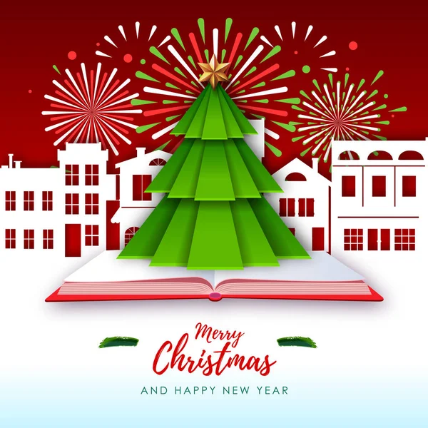 Ilustração vetorial do cartão de felicitações Feliz Natal com árvore de Natal e fogos de artifício de férias. Origami. Corte design de estilo de arte de papel — Vetor de Stock