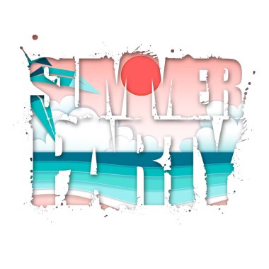 Plaj ve okyanus dalgaları ile yaz partisi tipografi posteri. Kağıt sanatı tarzı tasarımı nı kesin