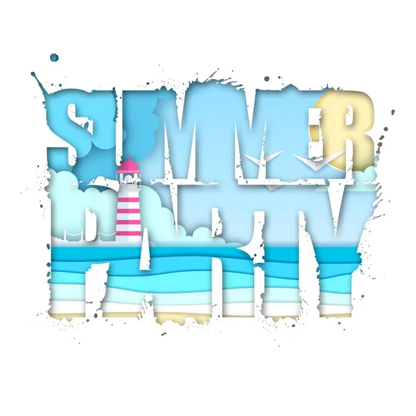 Summer party typography poster with beach and ocean waves. Cut out paper art style design — Stock Vector